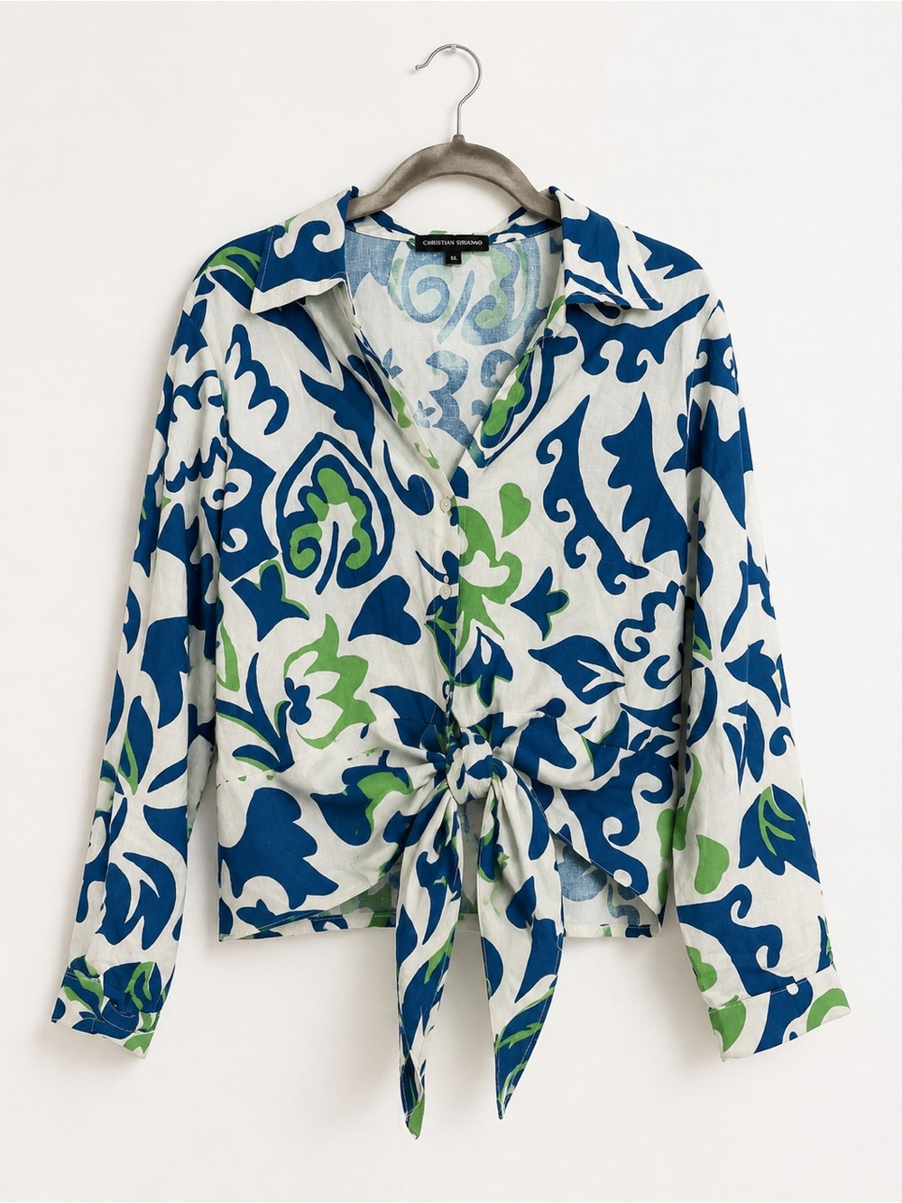 Christian Siriano Sz XL Blue White Green Abstract Tie Front Linen Blouse